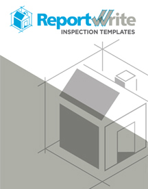 ReportWrite Inspection Templates cover featuring a blue logo, geometric lines, and a simple sketch of a house in gray tones.